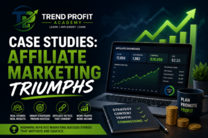 **Alt Text:** Affiliate marketing success dashboard showing rising income charts, SEO growth analytics, laptop workspace, and Trend Profit Academy branding representing profitable online business strategies.