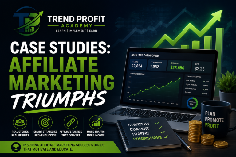 Case Studies: Affiliate Marketing Triumphs **Alt Text:** Affiliate marketing success dashboard showing rising income charts, SEO growth analytics, laptop workspace, and Trend Profit Academy branding representing profitable online business strategies.