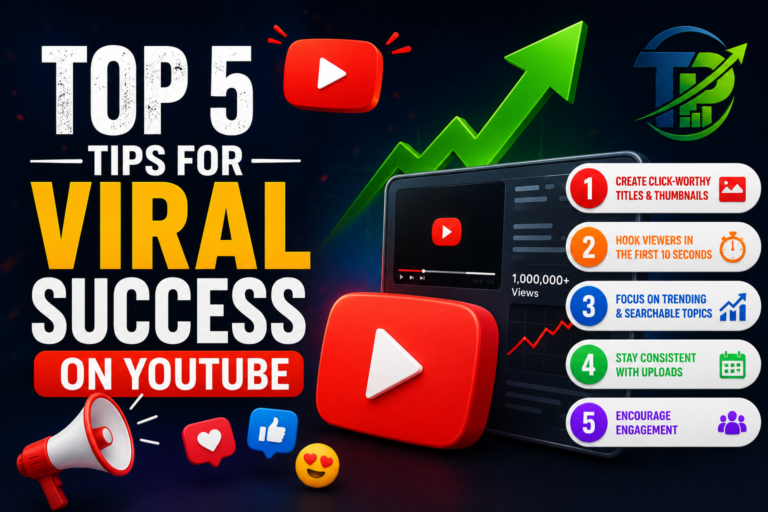 Top 5 Tips for Viral Success on YouTube Colorful YouTube growth-themed graphic featuring large text “Top 5 Tips for Viral Success on YouTube,” with YouTube play buttons, a rising green arrow, social media icons, and a smartphone displaying video analytics. The Trend Profit Academy logo appears in the top-right corner.