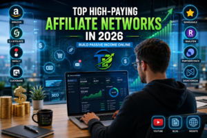 “Top High-Paying Affiliate Networks in 2026” blog banner showing a modern futuristic workspace with a person using a laptop displaying affiliate marketing analytics dashboards, income graphs, and SEO metrics. The scene includes glowing digital marketing elements such as growth charts, money symbols, shopping cart icons, website and email marketing symbols, plus abstract affiliate network-inspired icons. Bright blue and green neon lighting creates a cinematic high-tech atmosphere. Bold headline text reads “Top High-Paying Affiliate Networks in 2026” with subtext “Build Passive Income Online.” A custom TP logo is centered prominently in the design. Ultra-realistic 4K digital marketing aesthetic with sharp focus and depth of field.