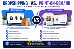 Dropshipping vs. Print-on-Demand comparison infographic showing key differences, benefits, costs, scalability, branding, and profit potential for online entrepreneurs in 2026.