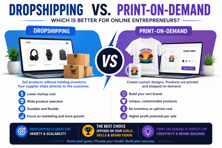 Dropshipping vs. Print-on-Demand: Which Is Better for Online Entrepreneurs Dropshipping vs. Print-on-Demand comparison infographic showing key differences, benefits, costs, scalability, branding, and profit potential for online entrepreneurs in 2026.