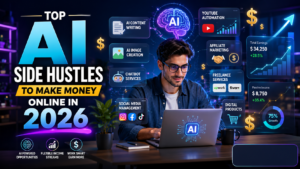 Top AI side hustles to make money online in 2026 featuring AI tools, digital marketing, freelancing, and online business opportunities.