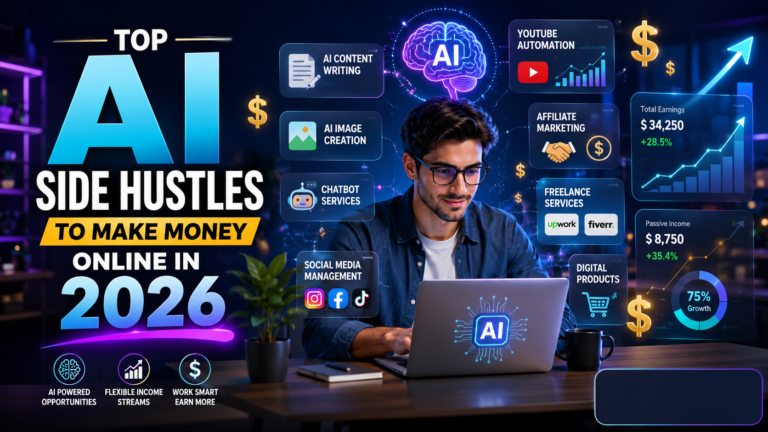 Top AI Side Hustles to Make Money Online in 2026 Top AI side hustles to make money online in 2026 featuring AI tools, digital marketing, freelancing, and online business opportunities.